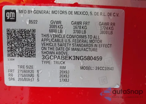 2022 Chevrolet Silverado 1500 2Wd Short Bed Custom z USA, uszkodzony, nr VIN 3GCPABEK3NG580459